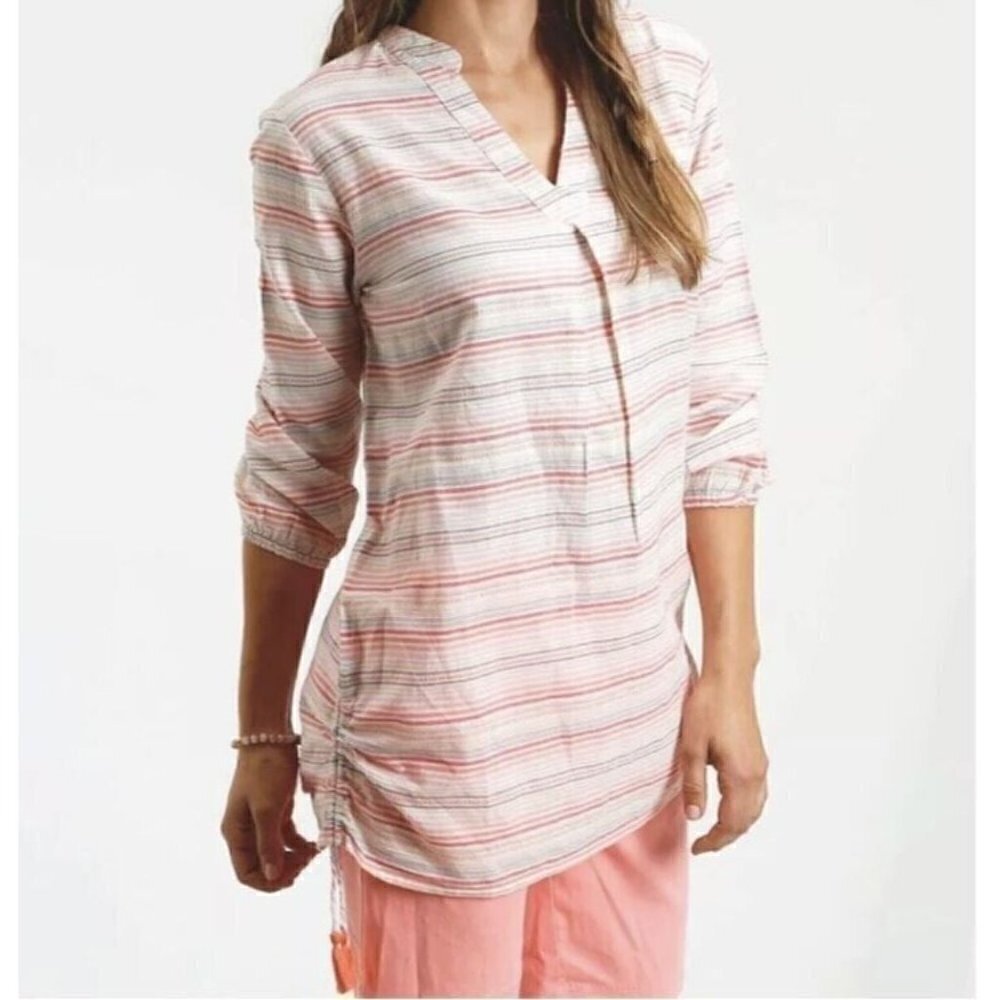Fresh Produce Top Womens Medium Eva Tunic Striped Side Tassel Coral Orange Boho
